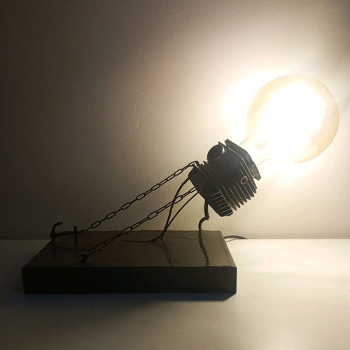 Handmade desk lamp from chainsaw parts and wood new