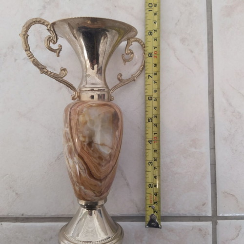Decorative vintage amphora from onyx and brass like new, 23cm