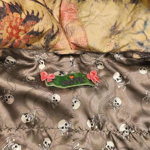 Daite Womens Hooded Puffer Vest faux fur trim, floral skull print, size UK 12 EU 38, like new