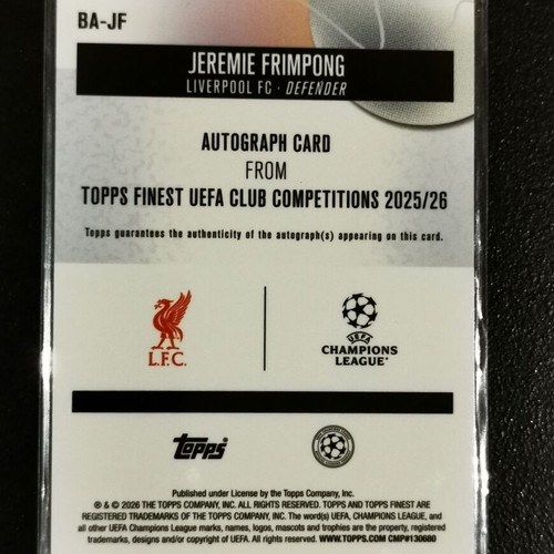 Jeremie Frimpong BA-JF Topps Finest UEFA Club Competitions 2025/26 certified autograph card Liverpool FC