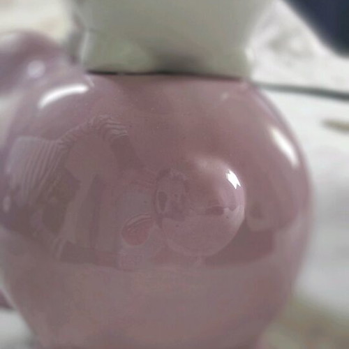 Yours & Mine piggy bank like new, white and pink colors
