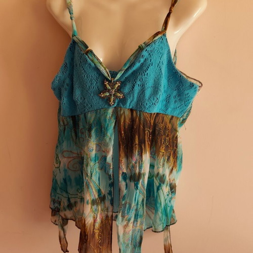 Fairycore forest-inspired top with asymmetric flower brooch, turquoise and brown