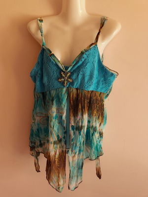 Fairycore forest-inspired top with asymmetric flower brooch, turquoise and brown