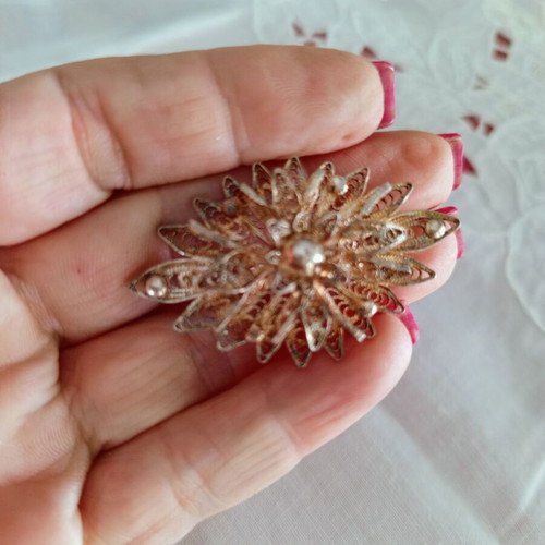 Vintage filigree sun brooch with pearls used