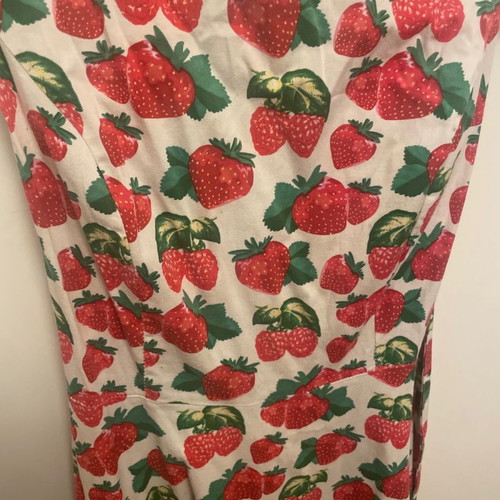 Women's dress with strawberries, below knee length, with belt
