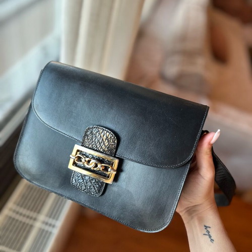 Vintage Celine leather handbag used, black, rare piece