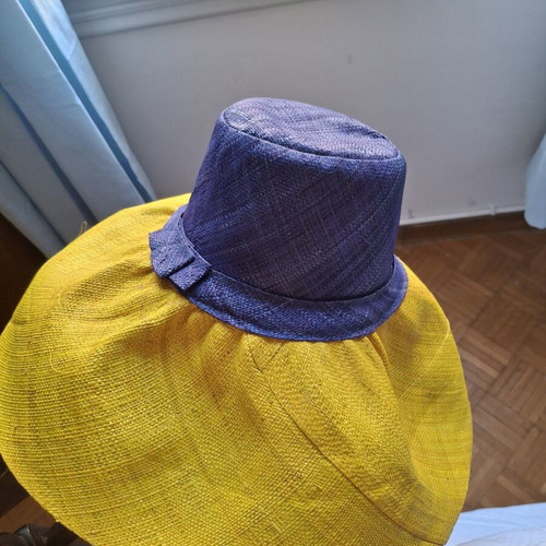 Handmade Raffia Hat Madagascar with Wide Brim new, blue and yellow