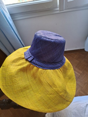 Handmade Raffia Hat Madagascar with Wide Brim new, blue and yellow