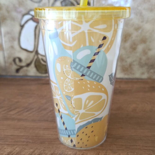 Plastic water bottle new with straw, yellow design