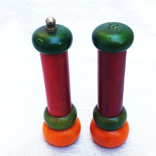 Set of 3 wooden salt shaker, pepper mill and candle holder