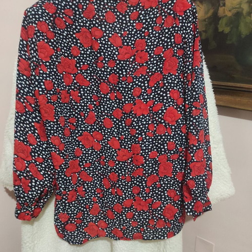 Vintage shirt new with shoulder pads, black with white polka dots and red roses, size L-XL