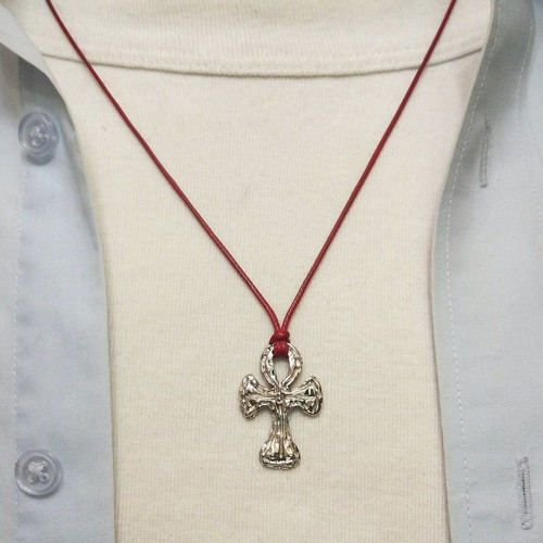 Men's pendant with Byzantine metal cross, red cord