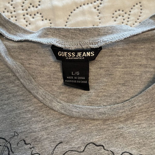 Guess women's T-shirt used, grey with black tropical flower design, size L