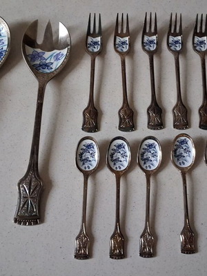 Vintage Japanese W-Brite 14-Piece Set with Cloisonne Enamel and Nickel Silver like new