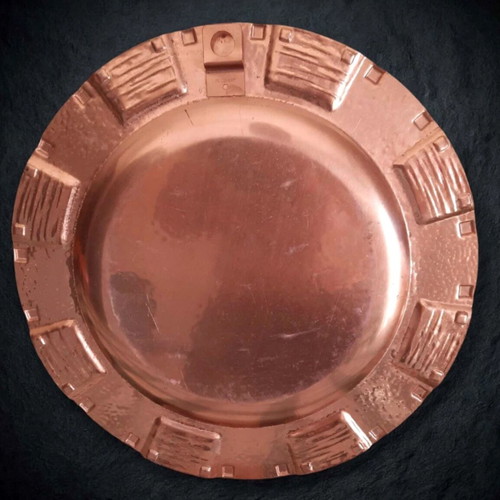 Vintage 1970s copper set, wall plate with roses and oval fruit bowl