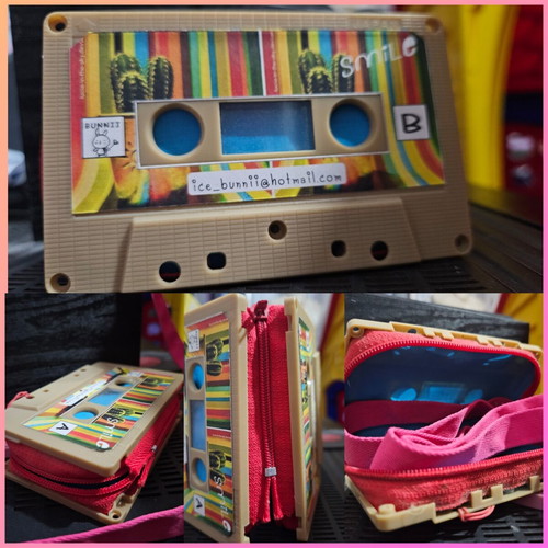 Handmade cassette wallet with fuchsia strap