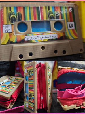 Handmade cassette wallet with fuchsia strap