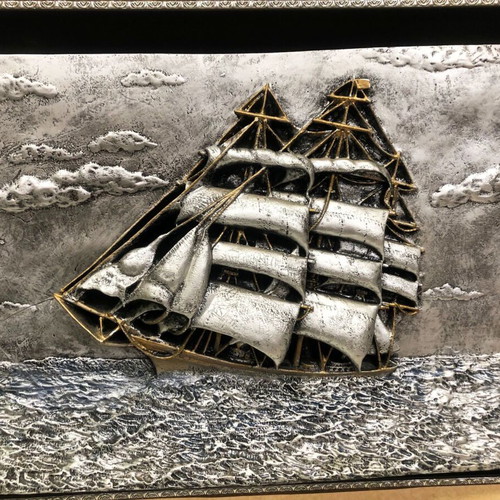 Embossed ship painting like new with carved frame 70x90cm
