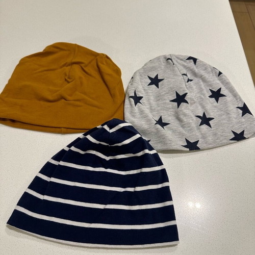 H&M hats used, set of 3, cotton, size 53, blue and brown