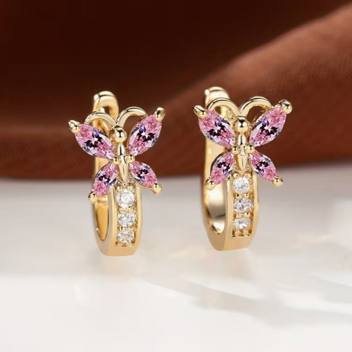 Butterfly earrings pink new with gold and stones