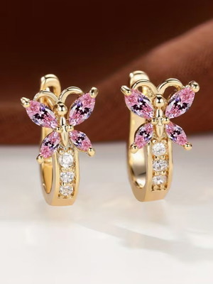 Обеци пеперуди розови нови с злато и камъни