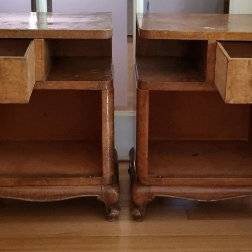 Vintage Art Deco nightstands used, walnut veneer, set of two