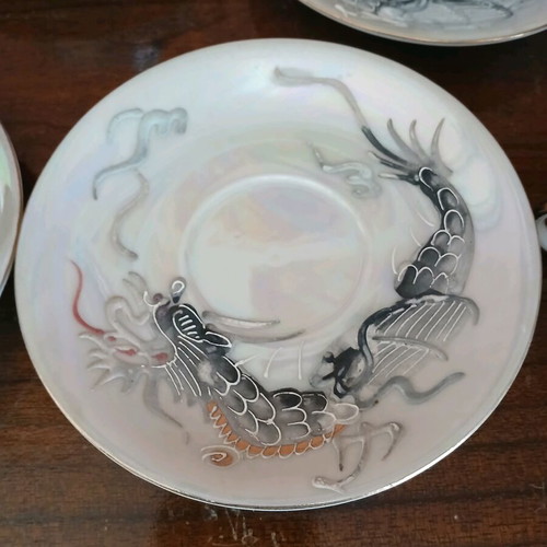Vintage coffee-tea cups set of 5 with embossed dragon design, porcelain like new