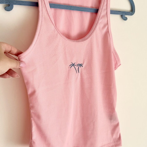 Shein Pink Ribbed Crop Tank Top M New with Palm Tree Embroidery