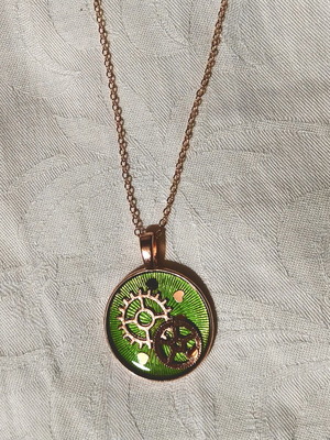 Steampunk romantic necklace sealed with epoxy, like new, beige and green