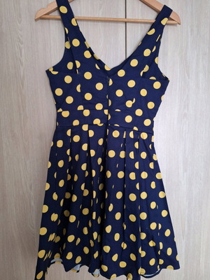 Modcloth 50s dress like new, blue with mustard polka dots