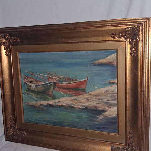 Nikos Maniatis Seascape with Traditional Boats Oil Painting on Hardboard