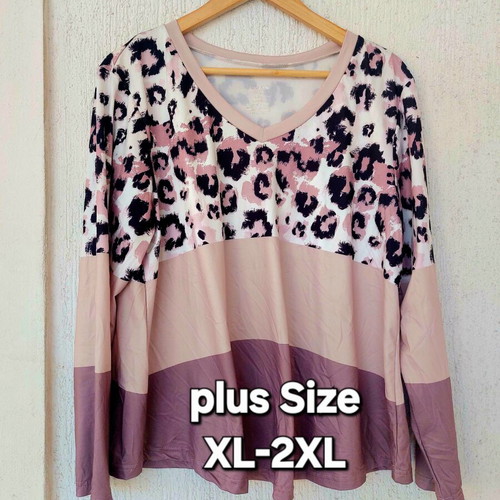 Shein Plus Size Long Sleeve Colorblock Blouse with Leopard Print XL-2XL