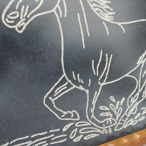 Handmade horse embroidery in carved wooden frame