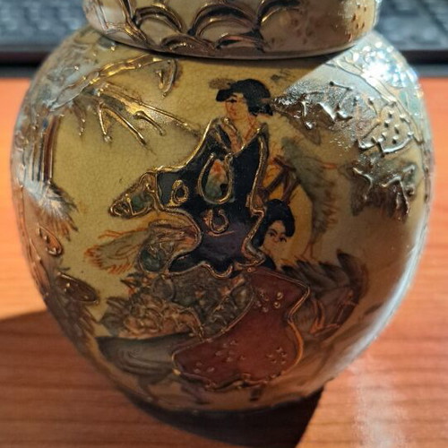 Satsuma vase with Moriage handpainted decoration, vintage