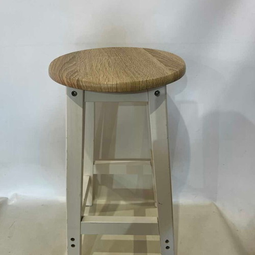 Wooden stool with white legs and beige seat used 54x27x27 cm
