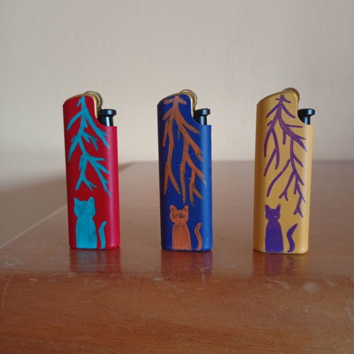 Hand-painted lighters with cat design, set of 3