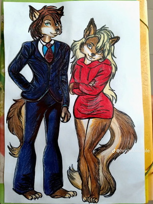 Furry couple drawing like new, colored pencils