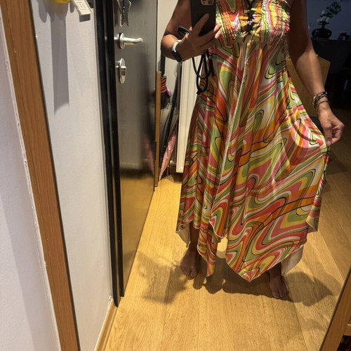 70s psychedelic maxi dress with asymmetric handkerchief hem