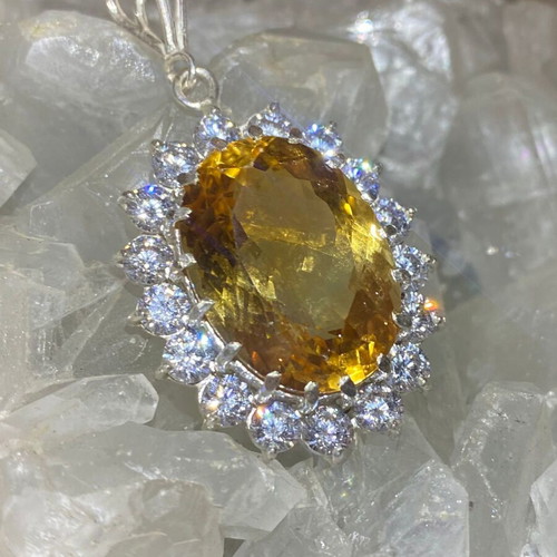 Silver pendant with large cut citrine stone and moissanites, new