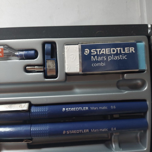 Staedtler drawing set used with rapidograph 0.4 and 0.6, eraser, compass adapter, and 0.5 leads