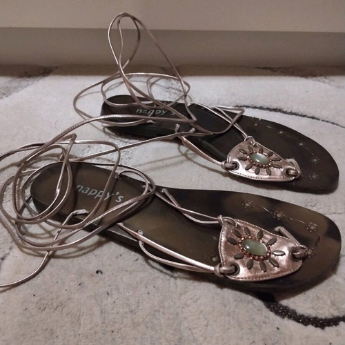 Boho Lace-up Sandals "nappy's" like new with ethnic details brown and gold