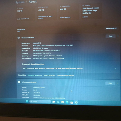 Lenovo Ideapad S145 laptop AMD Ryzen 3 3200U 4GB RAM 1TB HDD