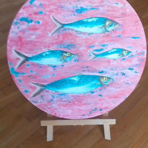 Handmade painting on driftwood new, 38 cm diameter