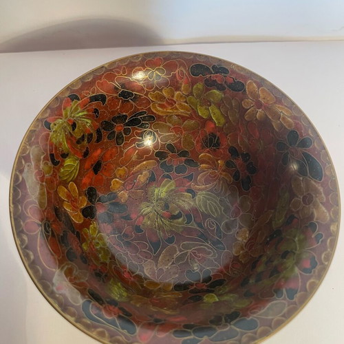 Cloisonné decorative bowl vintage with colorful flowers on wooden base like new