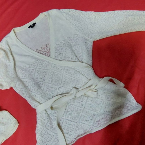 Knitted ancora wrap blouse with cords white size L like new