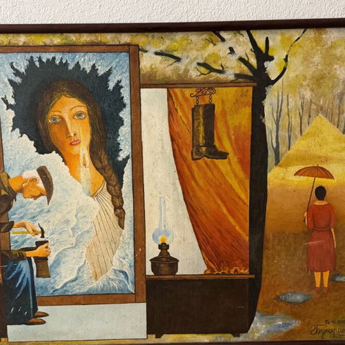 Vintage surrealist painting used, signed by Bukharish, 98x62 cm