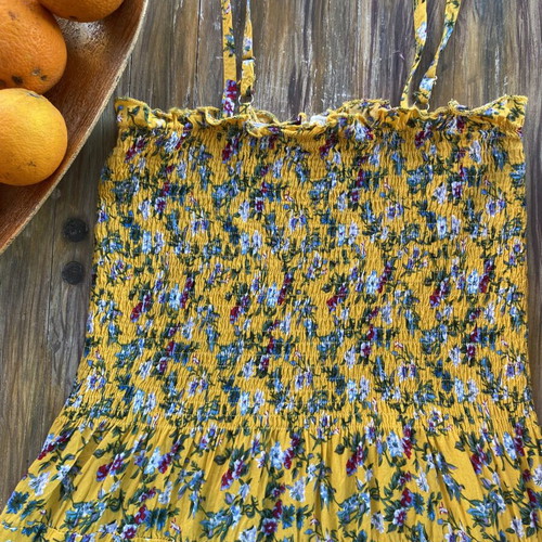 Zeva cotton floral dress yellow used, elastic top, S/M