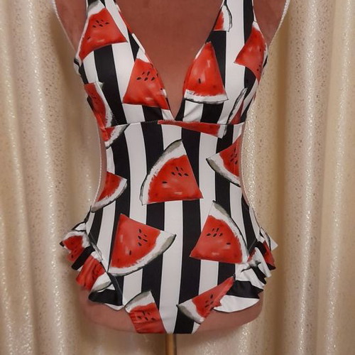 One-piece swimsuit with watermelon print