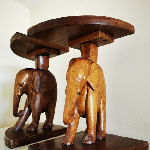 Handmade wooden carved elephant figurines set of 2 like new