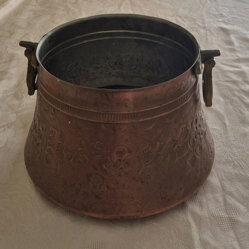Copper forged cauldron used, antique with embossed designs